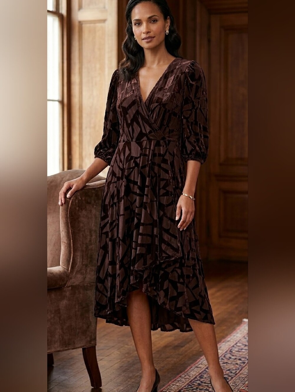 Calvin Klein Brown Velvet Wrap High-Low Dress